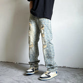 Men Jeans Ripped Jeans Men's Washed Vintage Paisley Straight Casual Pants